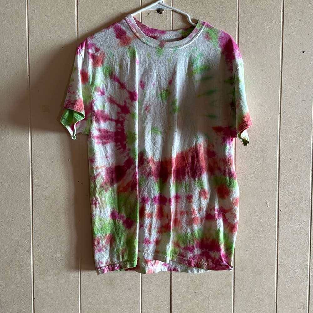 Green, orange, pink, white, tie die t-shirt